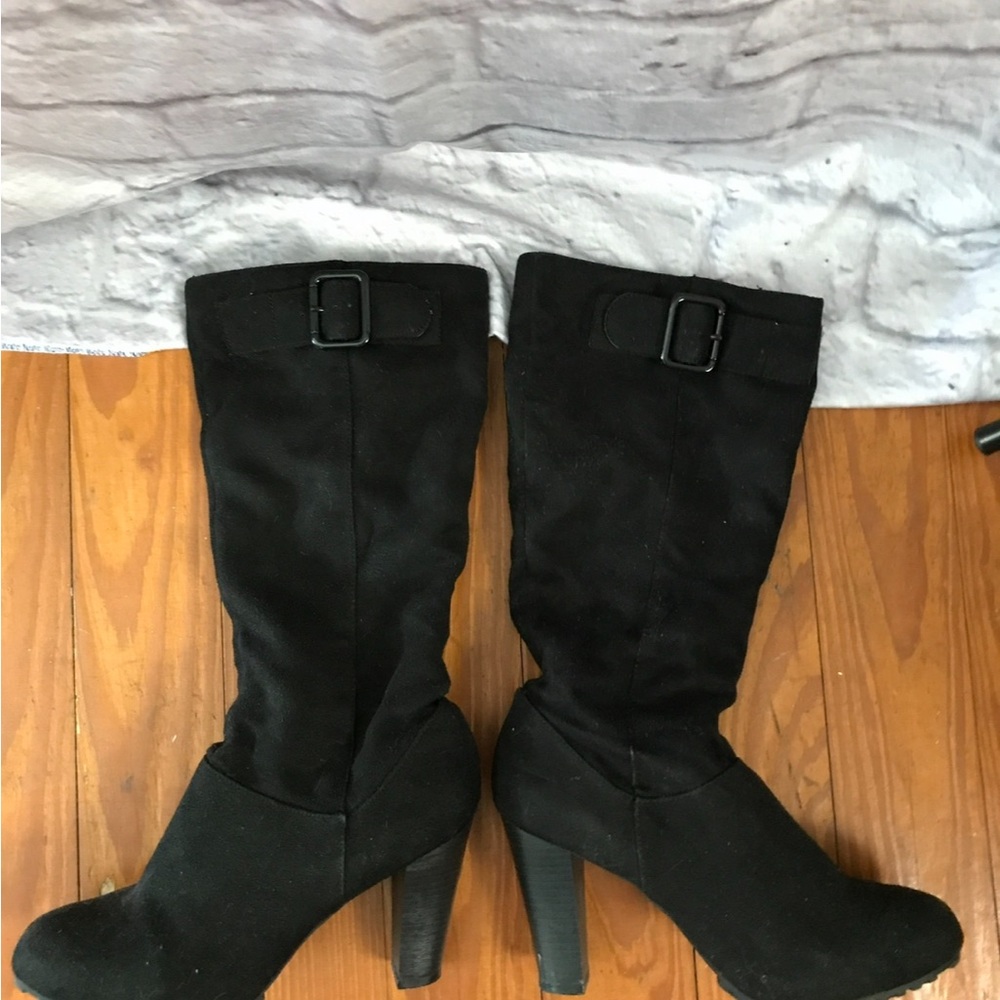 Black‎ Suede-Look High Heel Knee Boots with Buckle - Picture 2 of 3